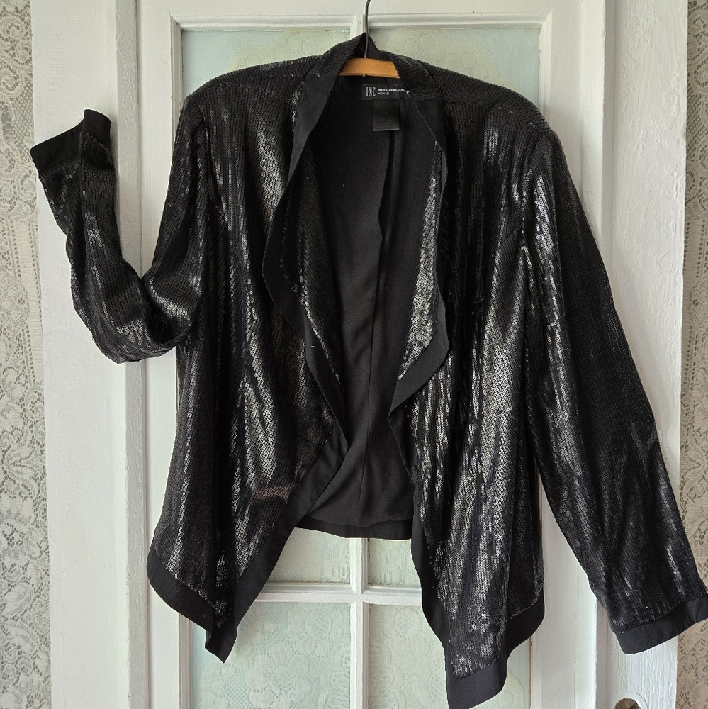 INC Black Sequin Open Front Jacket 1X Plus Size